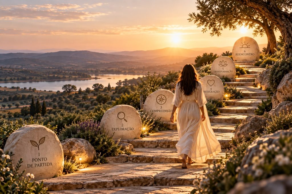 Mulher a caminhar por um trilho de pedra ao pôr do sol, com pedras gravadas representando as seis etapas do processo: Ponto de Partida, Exploração, Compreensão, Integração, Transformação e Reencontro