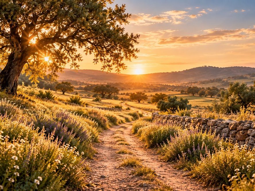 Caminho entre vegetação ao pôr do sol, no Alentejo