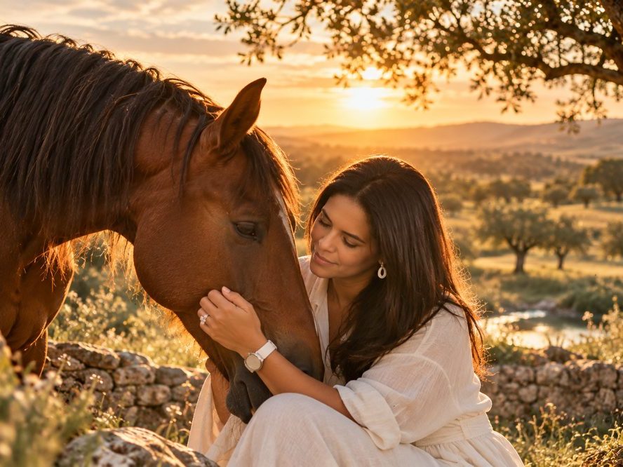 Mulher em ligação afetuosa com um cavalo, ao pôr do sol