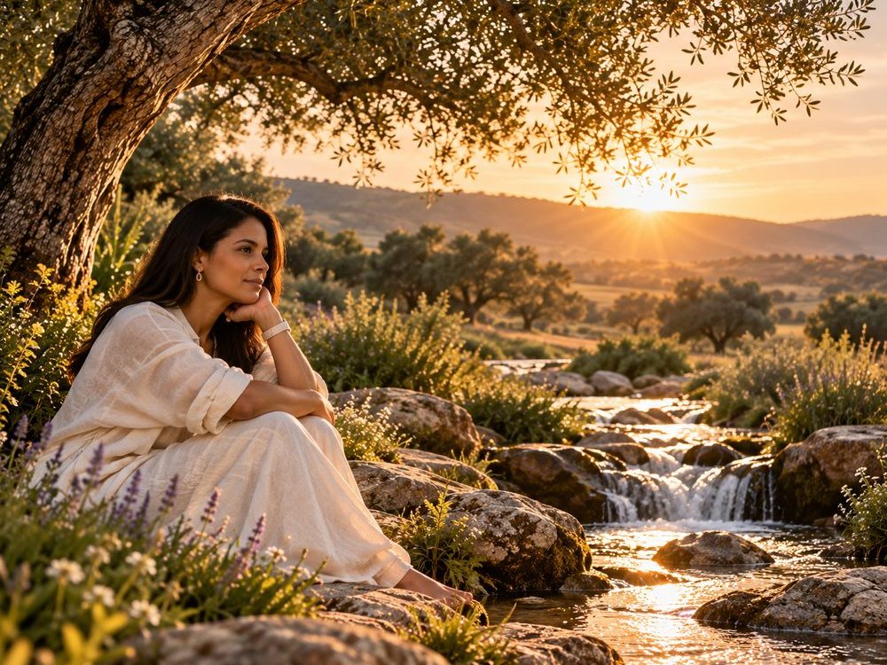 Mulher sentada junto a um curso de água, na natureza, em introspecção